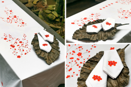 Khăn trải bàn thêu hoa đào đỏ  200x150cm - gồm 8 khăn ăn